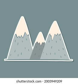 Imagen infantil vectorial al estilo escandinavo. Montañas de dibujos animados con picos nevados. Pegatina para bebés o elemento decorativo.