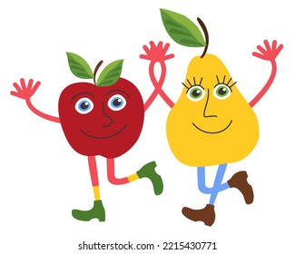 Vector childish isolated illustration of dancing apple and pear with big eyes, hands and legs in boots.