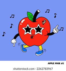 Vector childish isolated illustration of dancing apple, Cute apple cartoon characters isolated