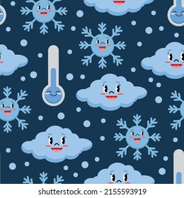 Vector childish pattern. Cute pattern with smiling clouds and snowflakes. Pattern with weather characters. Weather seamless background. Winter season