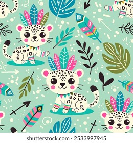 Patrón infantil de Vector con lindos leopardos tribales y plantas tropicales. Textura moderna creativa para la tela, envoltura, materia textil, Fondo de pantalla, ropa