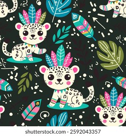 Vector childish pattern with cute tribal leopards and tropical plants. Creative modern texture for fabric, wrapping, textile, wallpaper, apparel