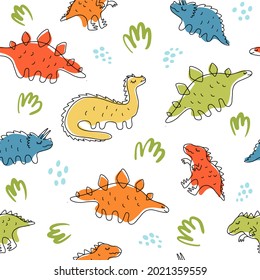 Vector childish pattern with dinosaurs on a white background.