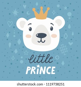 Vector childish poster with cute bear and text "Little prince". Poster for kids with cartoon character and hand written text. Blue background with polar bear and the golden crown.