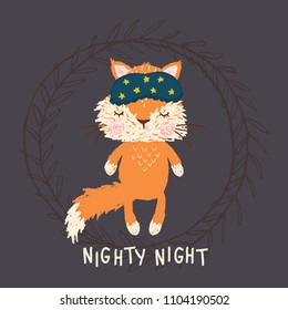 Vector childish poster with sleepy hand-drawn baby fox. Trendy cute cartoon nursery illustration