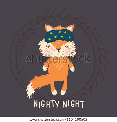 Vector childish poster with sleepy hand-drawn baby fox. Trendy cute cartoon nursery illustration