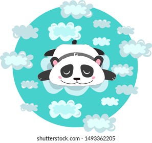 Vector childish print, illustration. Cute, kawaii panda, bear dreaming,relaxing or sleeping in the clouds. Sweet baby print