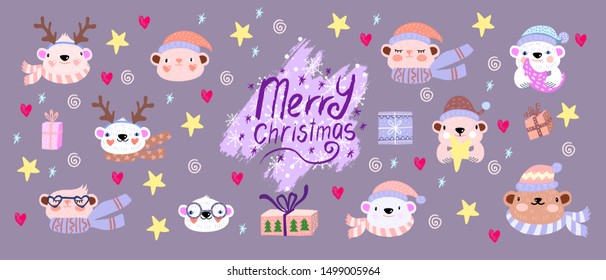 Vector childish Scandinavian style set with cute bears in Christmas hats and scarfs in glasses and moose antlers. With hearts, stars, gift boxes snowflakes and lettering.
