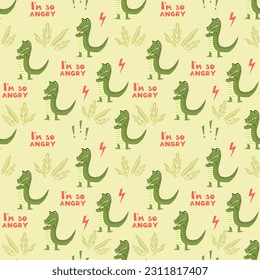 Vector childish seamless pattern with angry crocodiles on a light green background. Ideal for baby clothes, textiles, wallpaper, wrapping paper.