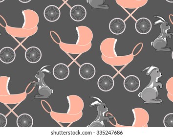 Vector childish seamless pattern with baby carriages and bunnies