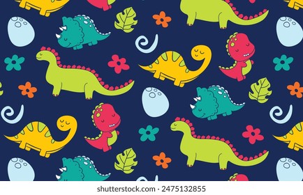 Vector childish seamless pattern with cartoon dinosaurs. Ideal for baby clothes, textiles, wallpaper, wrapping paper. Fun and lively dinosaur character repeat design.