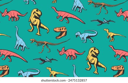 Vector childish seamless pattern with cartoon dinosaurs. Ideal for baby clothes, textiles, wallpaper, wrapping paper. Fun and lively dinosaur character repeat design.