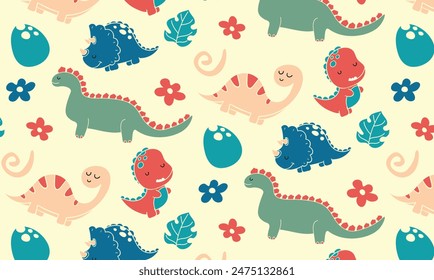 Vector childish seamless pattern with cartoon dinosaurs. Ideal for baby clothes, textiles, wallpaper, wrapping paper. Fun and lively dinosaur character repeat design.