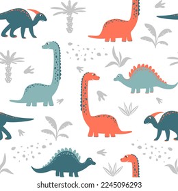 Vector childish seamless pattern with colorful dinosaurs, palm trees, footprints, stone on a white background. Ideal for baby clothes, textiles, wallpaper, wrapping paper.