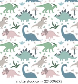 Vector childish seamless pattern with colorful dinosaurs, palm trees, footprints, stone on a white background. Ideal for baby clothes, textiles, wallpaper, wrapping paper.