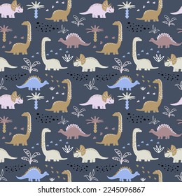 Vector childish seamless pattern with colorful dinosaurs, palm trees, footprints, stone on a purple background. Ideal for baby clothes, textiles, wallpaper, wrapping paper.