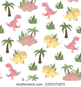 Vector childish seamless pattern with colorful dinosaurs, palm trees, footprints, stone on a white background. Ideal for baby clothes, textiles, wallpaper, wrapping paper.