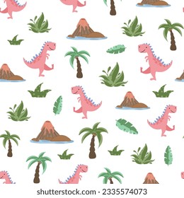Vector childish seamless pattern with colorful dinosaurs, palm trees, footprints, stone on a white background. Ideal for baby clothes, textiles, wallpaper, wrapping paper.