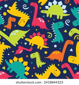 Vector childish seamless pattern with colorful dinosaurs, palm trees, footprints, stone on a white background. Ideal for baby clothes, textiles, wallpaper, wrapping paper.