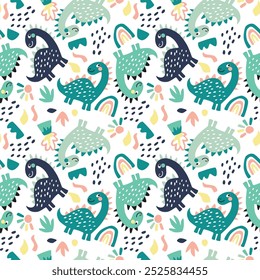 Vector childish seamless pattern with colorful dinosaurs, footprints, stone on a white background. Ideal for baby clothes, textiles, wallpaper, wrapping paper.