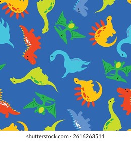 Vector childish seamless pattern with colorful dinosaurs, palm trees, footprints, stone on a white background. Ideal for baby clothes, textiles, wallpaper, wrapping paper.