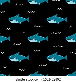 Vector childish seamless pattern with cute shark on black background