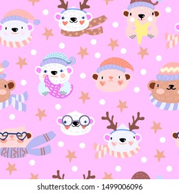 Vector childish seamless pattern with cute holiday bears in hats and scarfs. Scandinavian winter kids texture for fabric, wrapping, textile, wallpaper, apparel.