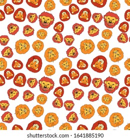 Vector. Childish seamless pattern with cute red and orange lions on a brown background, the inhabitants of the savannah and jungle. Background for printing on baby fabrics, wallpaper, wrapping paper.