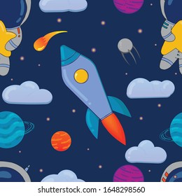 vector childish seamless pattern, cute astronaut hugs a star in space, rockets, planets, clouds and stars