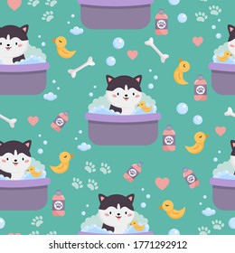 Vector childish seamless pattern of cute cartoon Siberian Husky. Dog is washing in bath with yellow duck toy. Domestic dogs on blue background.