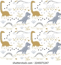 Vector childish seamless pattern with dinosaurs, palm trees, footprints, stones on a white background. Ideal for baby clothes, textiles, wallpaper, wrapping paper.