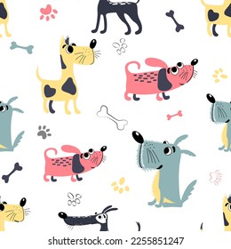 Vector childish seamless pattern with dogs, bones and footprints on a white background. Ideal for baby clothes, textiles, wallpaper, wrapping paper.