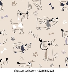 Vector childish seamless pattern with dogs, bones and footprints on a pink background. Ideal for baby clothes, textiles, wallpaper, wrapping paper.