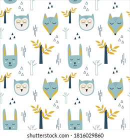 Vector childish seamless pattern with forest animals in Scandinavian style on a white background. Children's print for baby's shirt design, t-shirt, wrapping paper, wallpaper, textile, fabric.