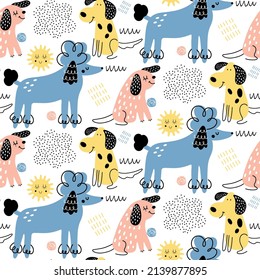 Vector childish seamless pattern with hand drawn poodles on a white background. Clothing design. Vector illustration with cute animals. Surface design.