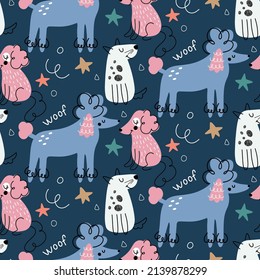 Vector childish seamless pattern with hand drawn poodles on a blue background. Clothing design. Vector illustration with cute animals. Surface design.