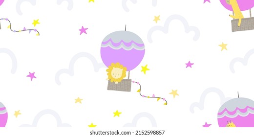 vector childish seamless pattern with hot air balloon transport and cute animals with stars and clouds