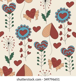 Vector Childish Seamless Pattern with  plants and hearts, seamless pattern in swatch menu