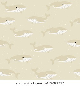 Vector childish seamless pattern with whales in scandinavian style. Smple flat cute baby animals