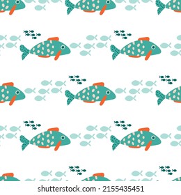 Vector childish seamless repeating pattern with hand drawn green fishes. Childish texture for fabric, wallpaper, textile, apparel. Sea. Ocean. Fishes pattern. Aquarium