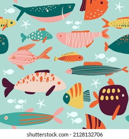 Vector childish seamless repeating simple flat pattern with hand drawn fishes. Childish texture for fabric, wallpaper, textile, apparel. Sea. Ocean. Fishes pattern. Aquarium