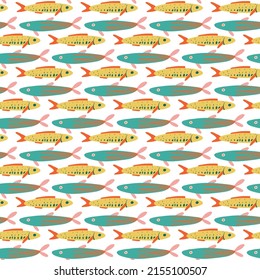 Vector childish seamless repeating simple flat pattern with hand drawn fishes. Childish texture for fabric, wallpaper, textile, apparel. Sea. Ocean. Fishes pattern. Aquarium