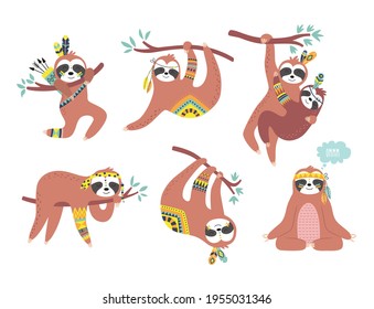 Vector childish set of cute bohemian sloth. Ideal kids design, for fabric, wrapping, textile, wallpaper, apparel