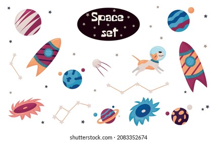 Vector childish space collection set elements. Rocket, planets, dog and stars isolated on white background. Kids design bundle