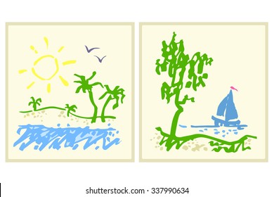 Vector childish square sketches of landscapes with sun, tree, palms, gulls, coast, sea, sailfish on a beige paper 