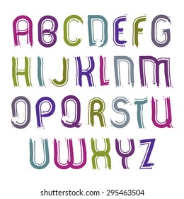 Vector childish striped font, handwritten watercolor capital letters isolated on white, unusual bright typeface drawn with ink brush.