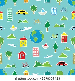 Vector childish style globe earth with cityscape seamless pattern on blue sky background. World Earth Day Doodle Earth Sketch Design. Buildings and outdoors, transportations and nature concept design.