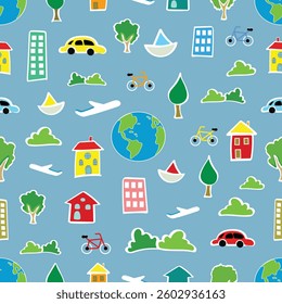 Vector childish style globe earth with cityscape seamless pattern on blue sky background. World Earth Day Doodle Earth Sketch Design. Buildings and outdoors, transportations and nature concept design.