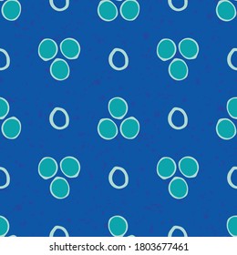 Vector childlike drawing of circles seamless pattern background. Abtract cobalt blue backdrop with painterly groups of round and ring shapes. Geometric scribbled effect all over print for fabric