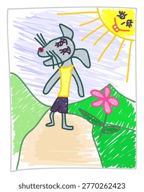Vector child-like drawing of a cute grey dog walking on a path, imitation of marker sketch on paper, sunny summer day landscape with hills and flower, naive art style